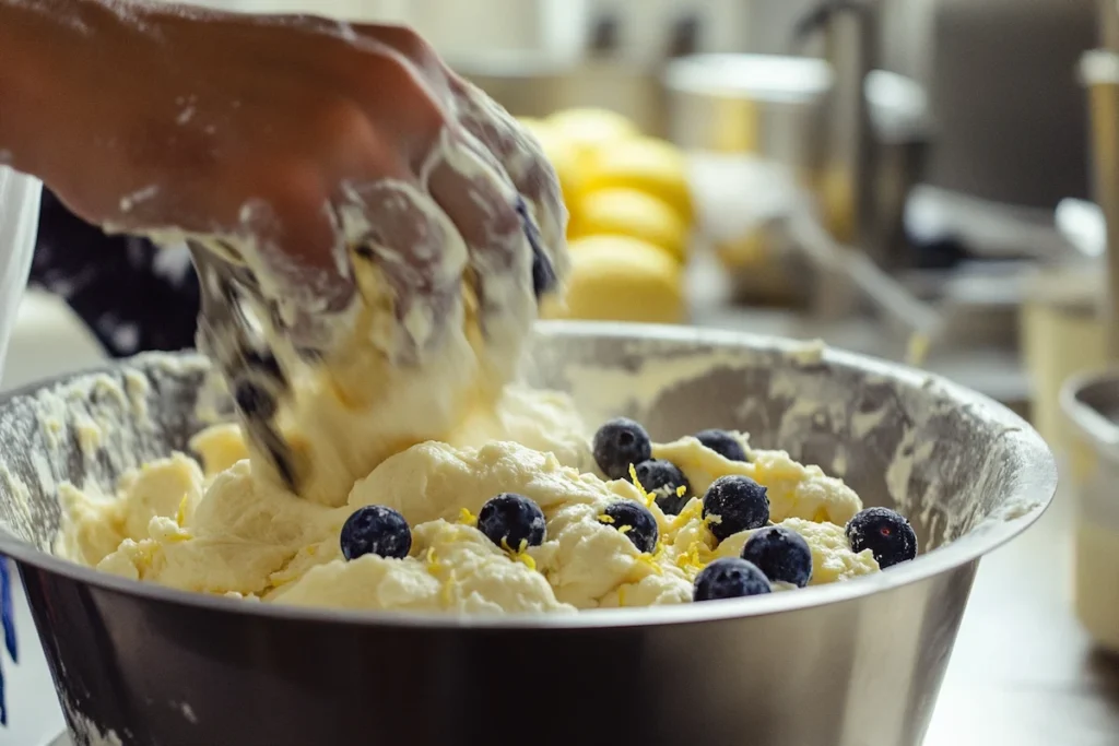 Mixing fresh lemon blueberry cookie dough in a bright kitchen.