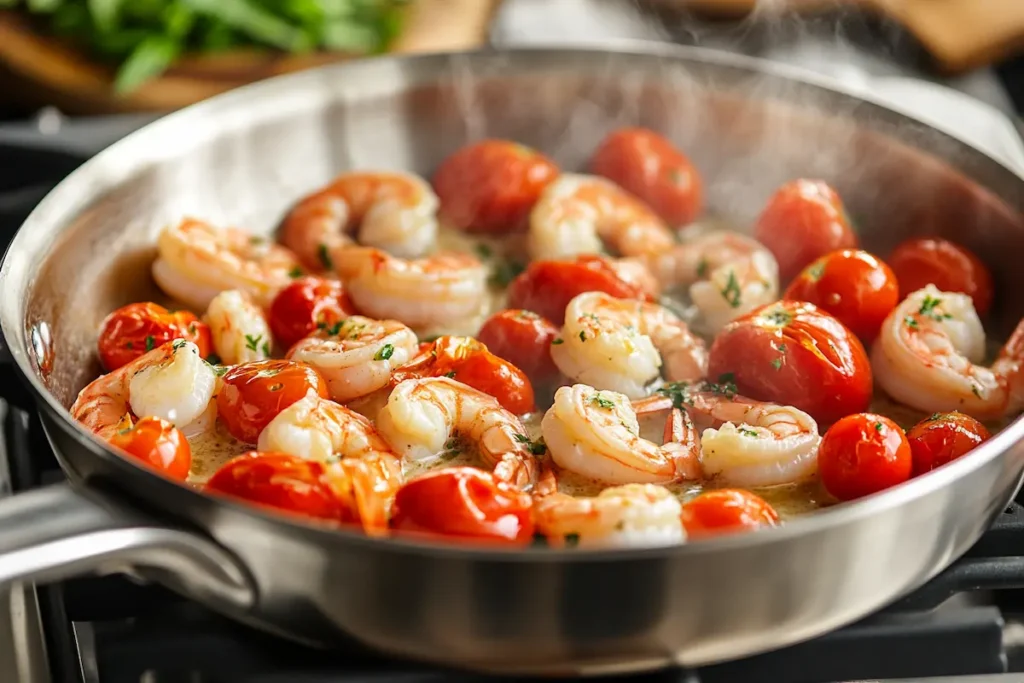 Shrimp and cherry tomatoes sautéing in garlic butter for Olive Garden Shrimp Scampi.