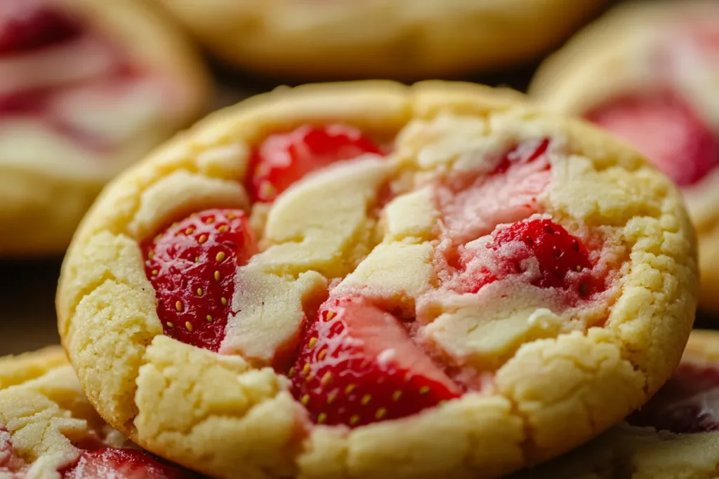 Close-up of a strawberry cheesecake cookie highlighting the strawberry pieces.