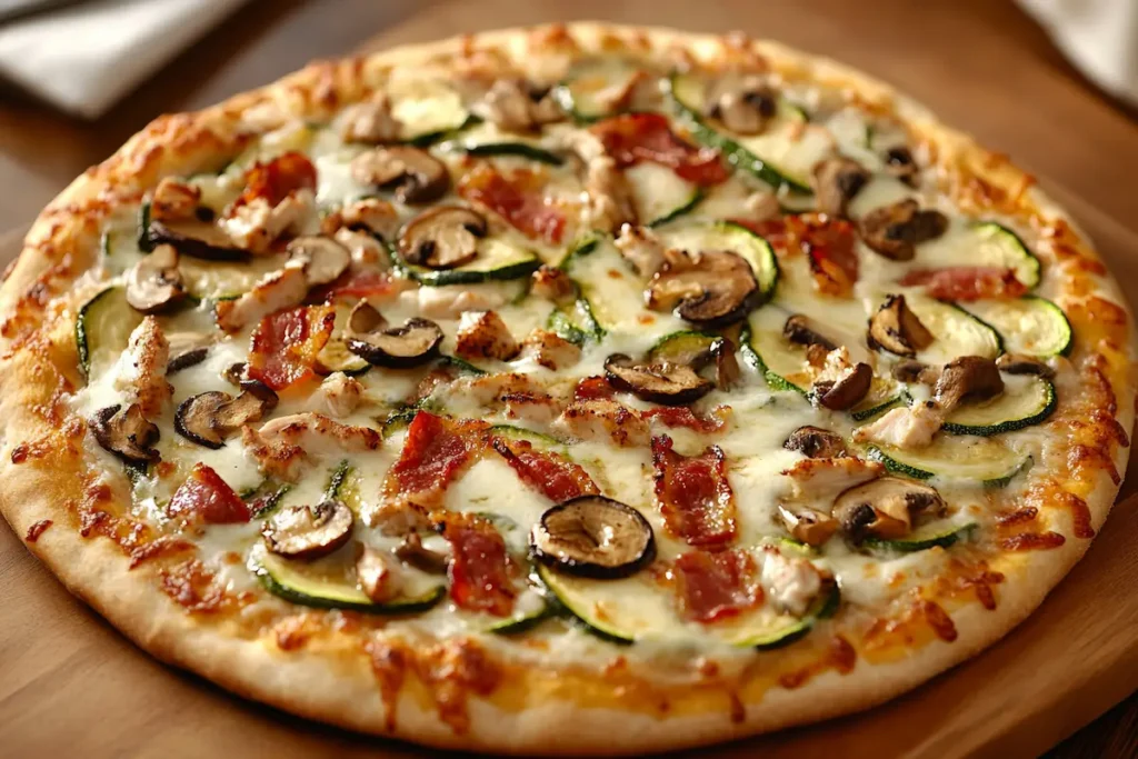 A delicious vegetarian version of the Chicken Bacon Ranch Pizza.